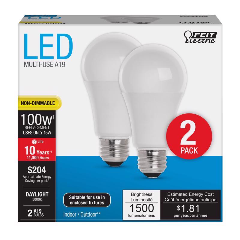 FEIT - Feit LED A19 E26 (Medium) LED Bulb Daylight 100 Watt Equivalence 2 pk