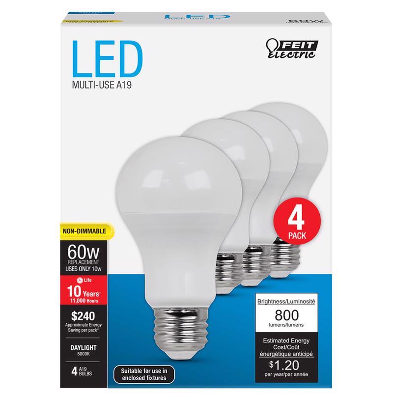 FEIT - Feit LED A19 E26 (Medium) LED Bulb Daylight 60 Watt Equivalence 4 pk