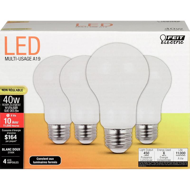 FEIT - Feit LED A19 E26 (Medium) LED Bulb Soft White 40 Watt Equivalence 4 pk