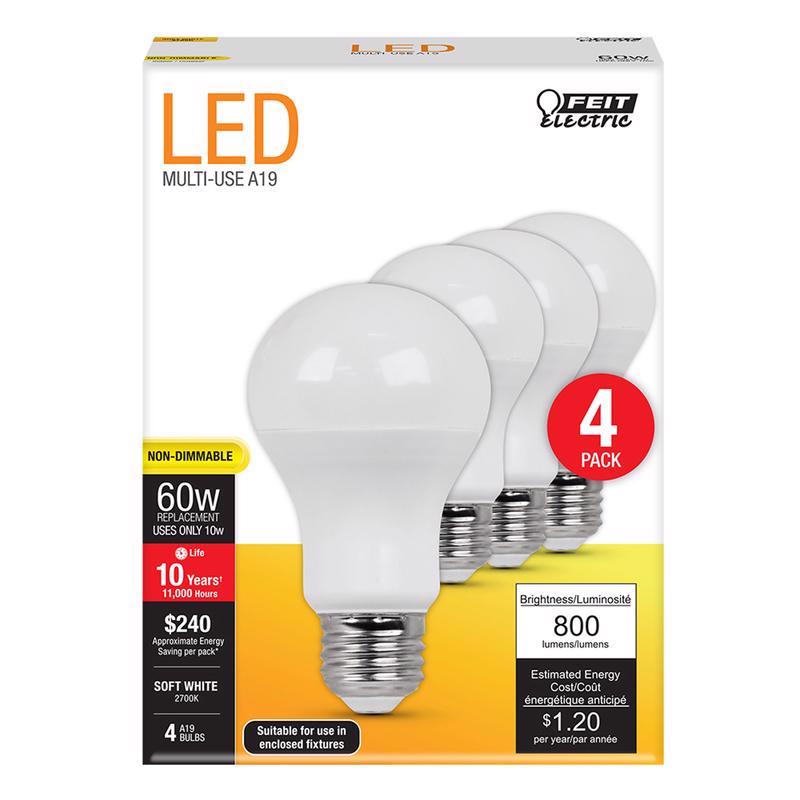 FEIT - Feit LED A19 E26 (Medium) LED Bulb Soft White 60 Watt Equivalence 4 pk