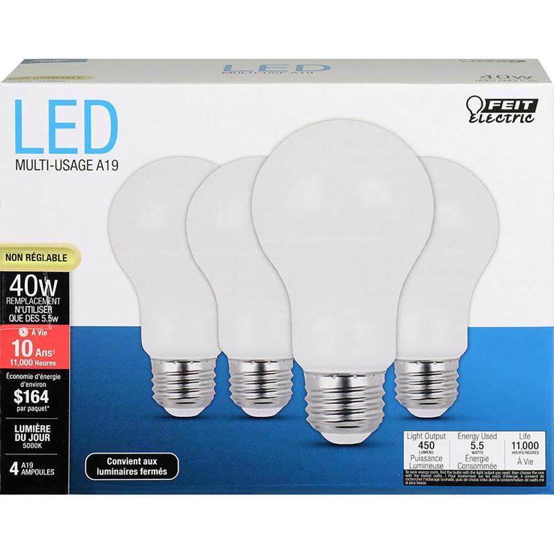 FEIT - Feit LED A19 E26 (Medium) LED Bulb Daylight 40 Watt Equivalence 4 pk