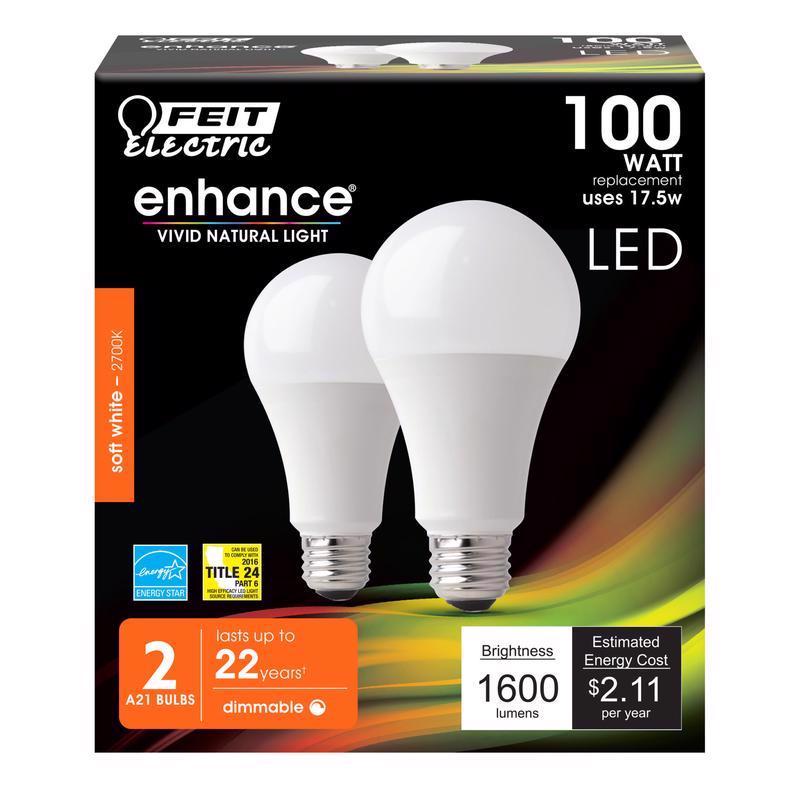 FEIT - Feit LED A19 E26 (Medium) LED Bulb Soft White 100 Watt Equivalence 2 pk [OM100DM/927CA/2]