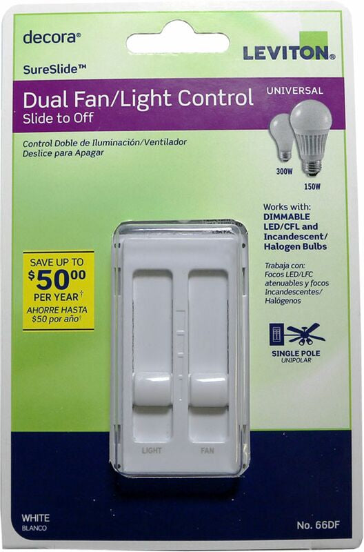 LEVITON - Leviton Decora SureSlide White Fan/LED Dimmer Slide Switch 1 pk