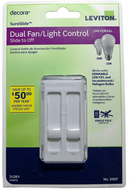 LEVITON - Leviton Decora SureSlide Ivory Fan/LED Dimmer Slide Switch 1 pk