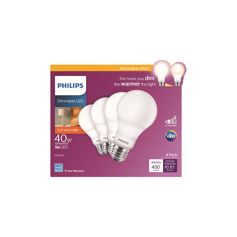 PHILIPS - Philips A19 E26 (Medium) LED Bulb Soft White 40 Watt Equivalence 4 pk [548388]