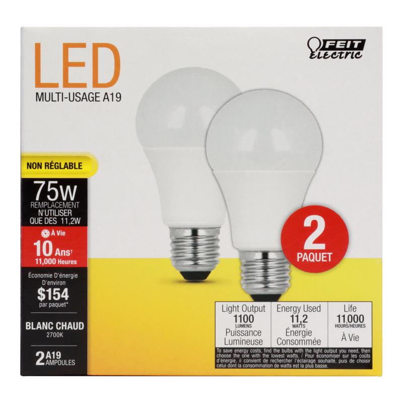 FEIT - Feit LED A19 E26 (Medium) LED Bulb Soft White 75 Watt Equivalence 2 pk