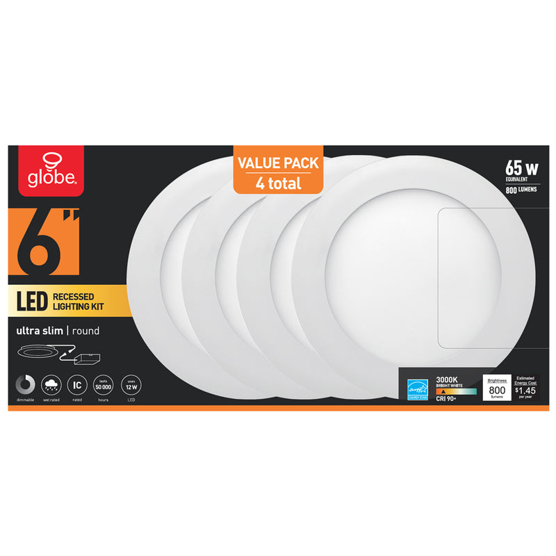 GLOBE ELECTRIC - Globe Electric Ultra Slim Energy Star White 6 in. W Aluminum LED Canless Recessed Downlight 12 W