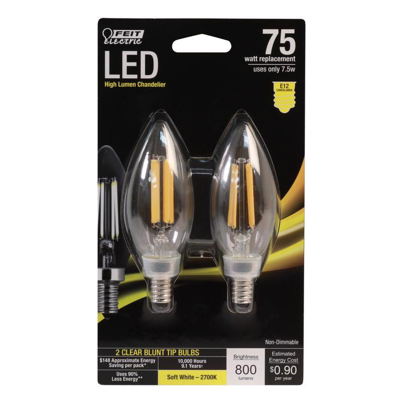 FEIT - Feit LED Blunt Tip E12 (Candelabra) LED Bulb Soft White 75 Watt Equivalence 2 pk - Case of 6