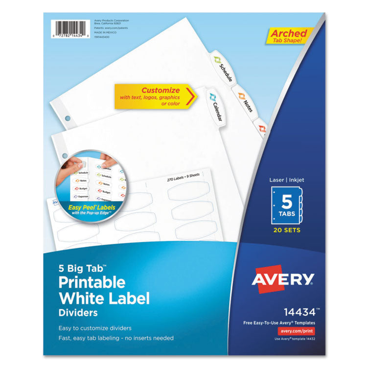 Avery - Big Tab Printable White Label Tab Dividers, 5-Tab, Letter, 20 per pack