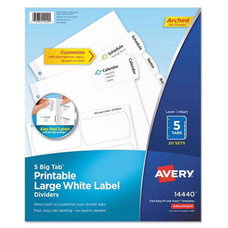 Avery - Big Tab Printable Large White Label Tab Dividers, 5-Tab, Letter, 20 per pack