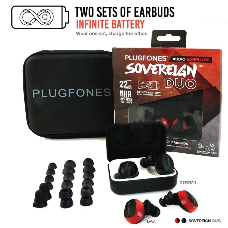 PLUGFONES - Plugfones Sovereign Duo 22 dB Nylon/Silicone/Soft Foam True Wireless Earplugs Black/Red 2 pair