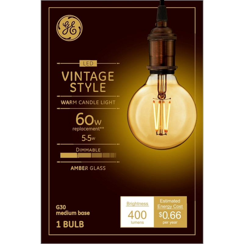 GE - GE G30 E26 (Medium) Filament LED Bulb Amber Warm White 60 Watt Equivalence 1 pk