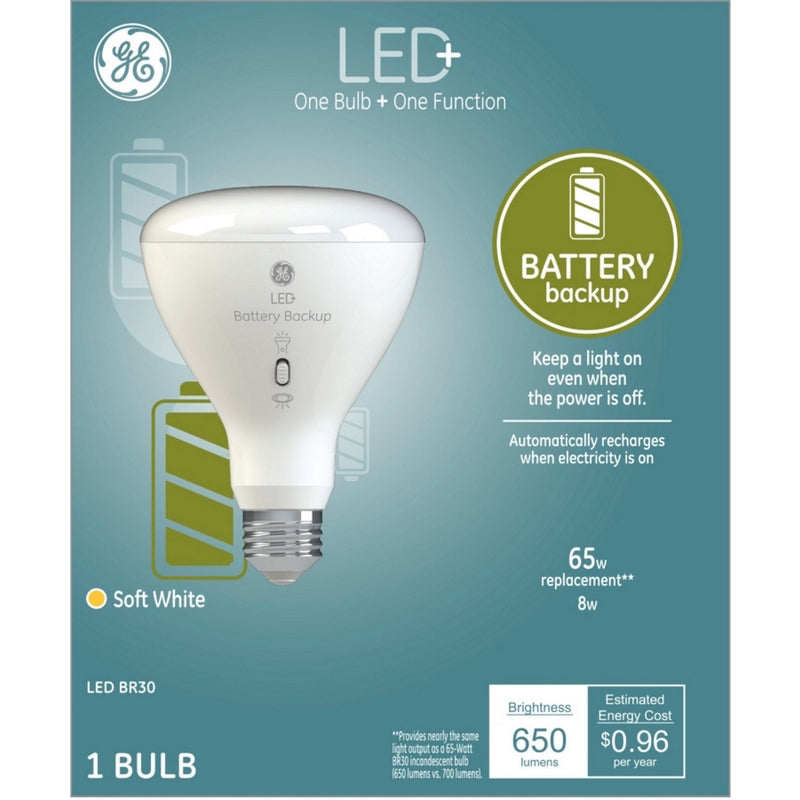 GE - GE LED+ BR30 E26 (Medium) Smart-Enabled LED Battery Backup Bulb Soft White 60 Watt Equivalence 1 pk