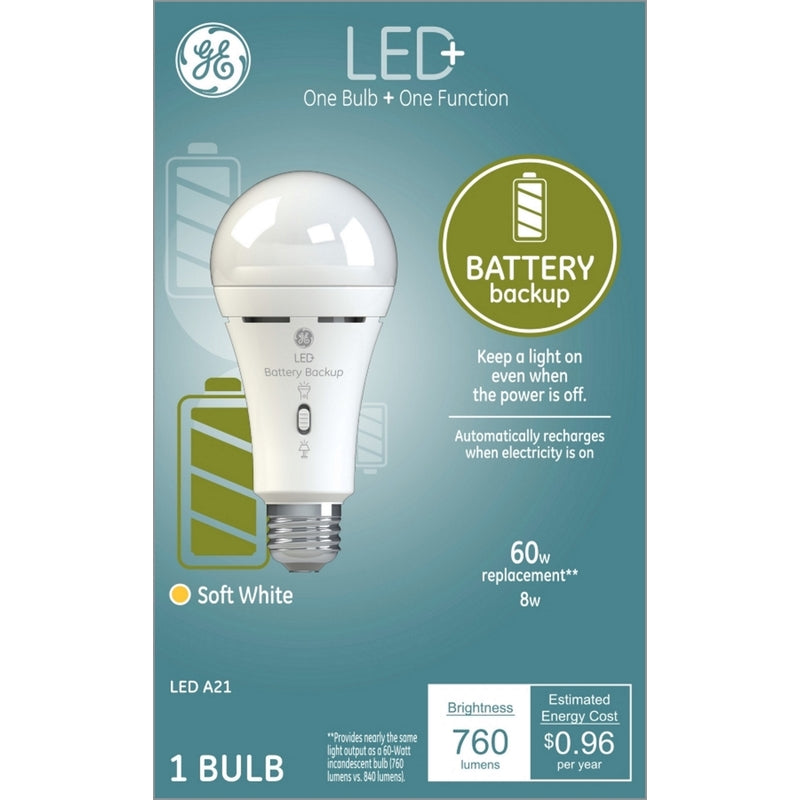 GE - GE LED+ A21 E26 (Medium) LED Smart Battery Backup Bulb Soft White 60 Watt Equivalence 1 pk