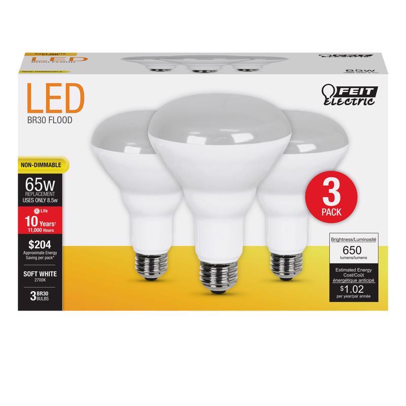 FEIT - Feit LED BR30 E26 (Medium) LED Bulb Soft White 65 Watt Equivalence 3 pk