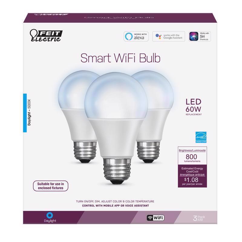 FEIT - Feit Smart Home A19 E26 (Medium) Smart-Enabled LED Bulb Daylight 60 Watt Equivalence 3 pk