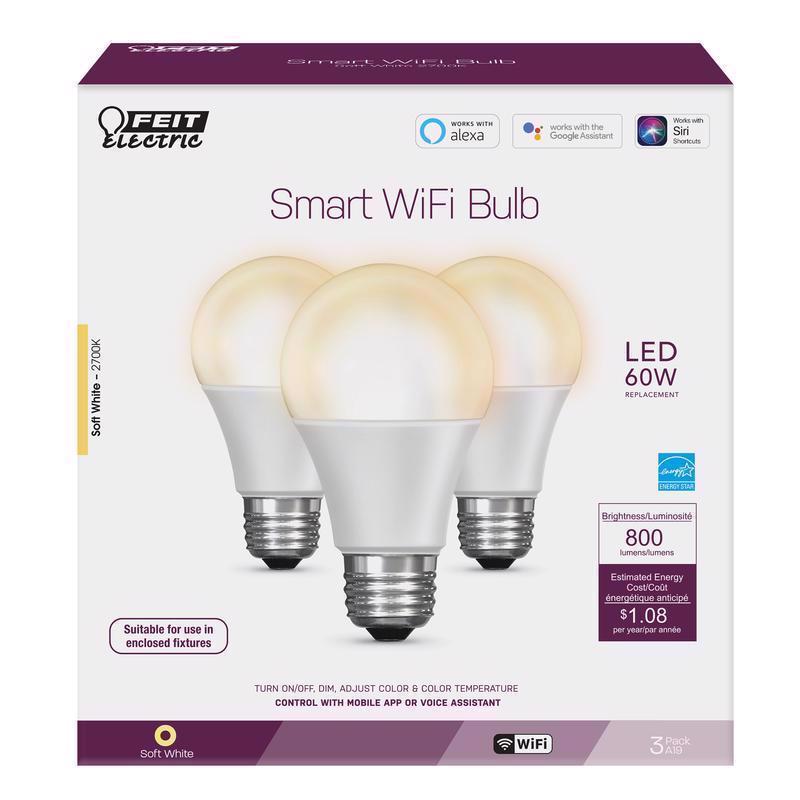 FEIT - Feit Smart Home A19 E26 (Medium) Smart-Enabled LED Smart WiFi Bulb Soft White 60 Watt Equivalence 3