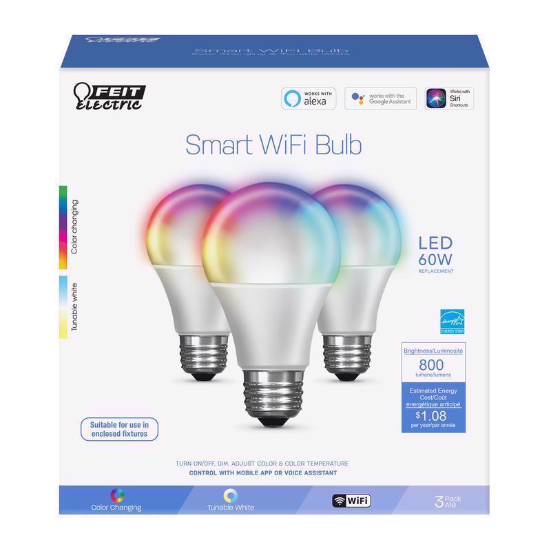 FEIT - Feit Smart Home A19 E26 (Medium) Smart-Enabled LED Smart WiFi Bulb Color Changing 60 Watt Equivalenc