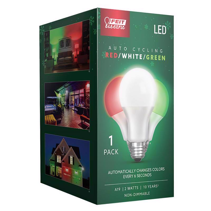 FEIT - Feit LED Specialty A19 E26 (Medium) Auto Cycling LED Bulb Green/Red/White 2 Watt Equivalence 1 pk