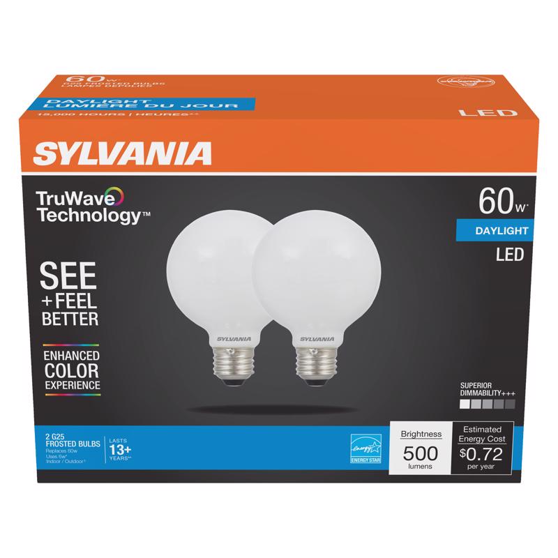 SYLVANIA - Sylvania TruWave G25 E26 (Medium) LED Bulb Daylight 60 Watt Equivalence 2 pk