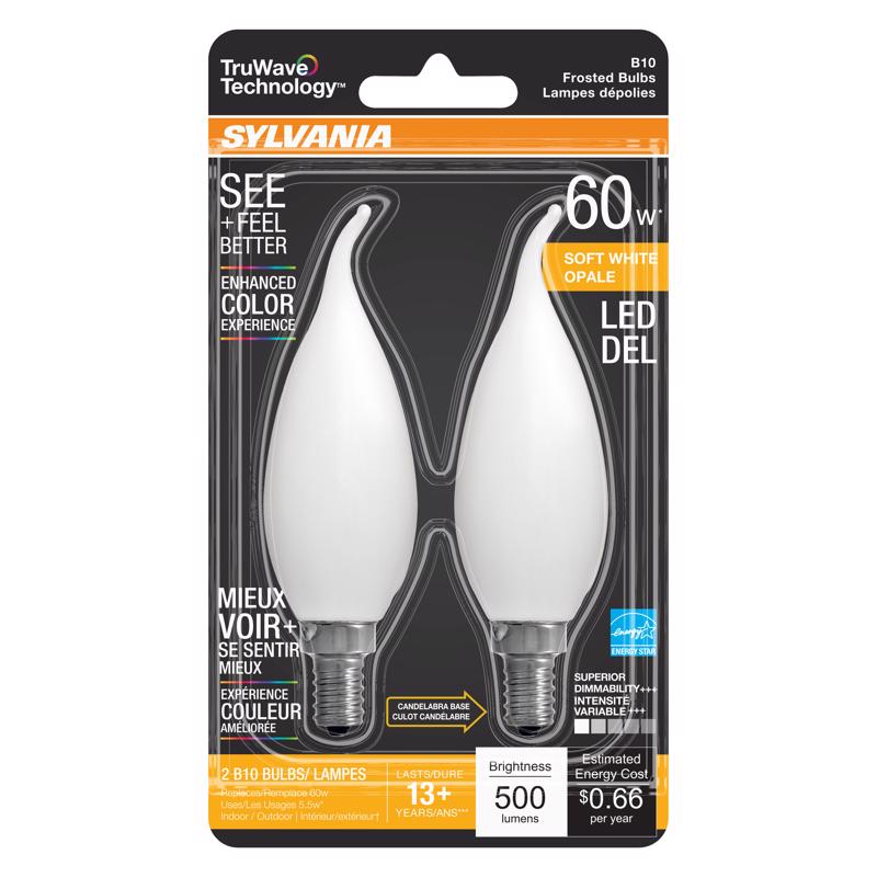 SYLVANIA - Sylvania TruWave B10 E12 (Candelabra) LED Bulb Soft White 60 Watt Equivalence 2 pk [40781]