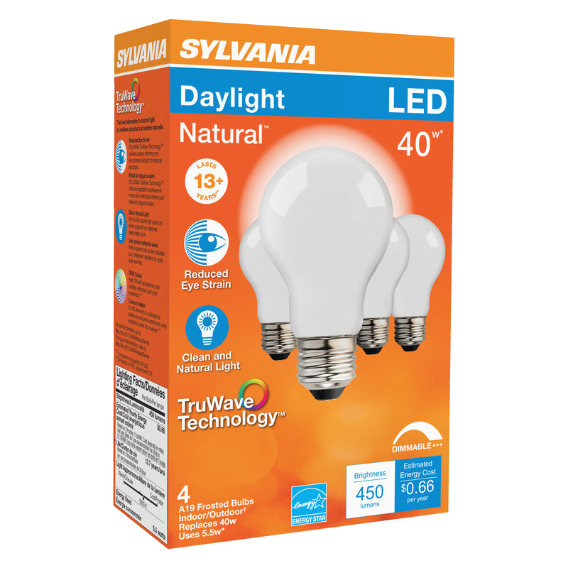 SYLVANIA - Sylvania Natural A19 E26 (Medium) LED Bulb Daylight 40 Watt Equivalence 4 pk