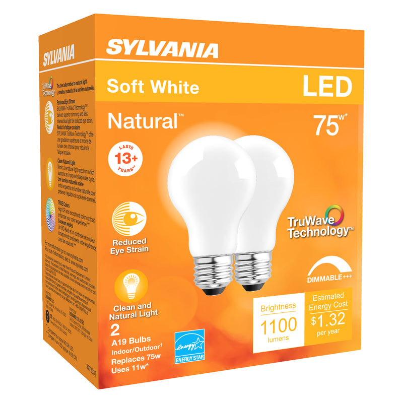 SYLVANIA - Sylvania Natural A19 E26 (Medium) LED Bulb Soft White 75 Watt Equivalence 2 pk