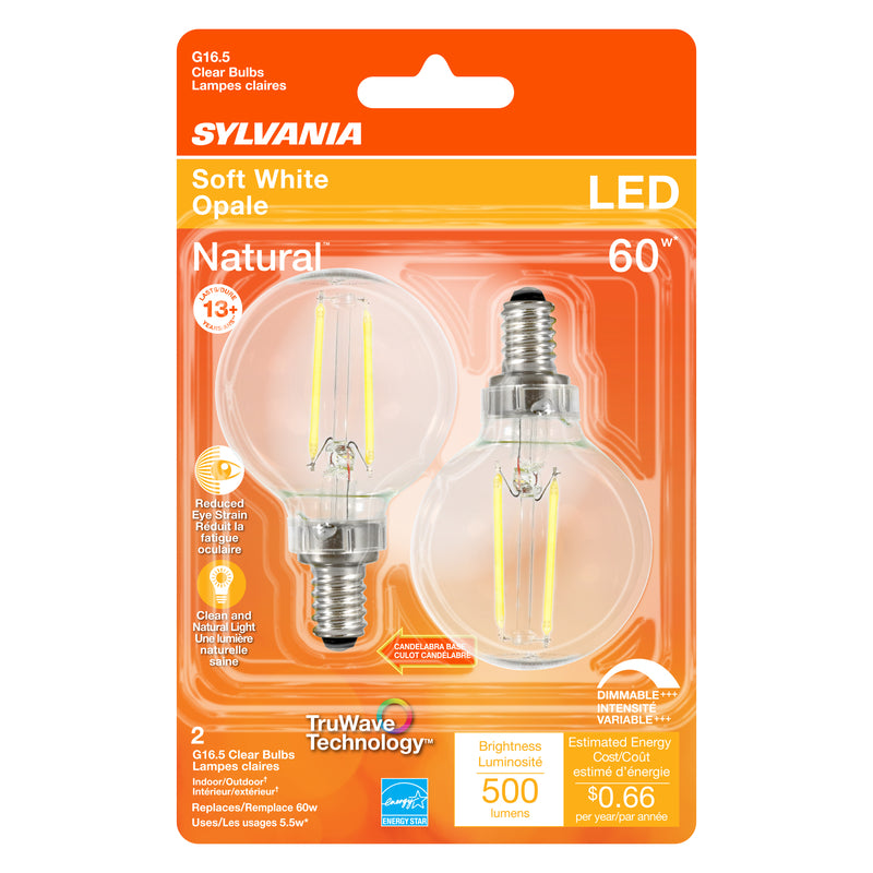 SYLVANIA - Sylvania Natural G16.5 E12 (Candelabra) LED Bulb Soft White 60 Watt Equivalence 2 pk