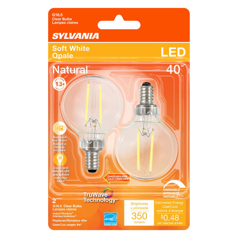 SYLVANIA - Sylvania Natural G16.5 E12 (Candelabra) LED Bulb Soft White 40 Watt Equivalence 2 pk [40784]