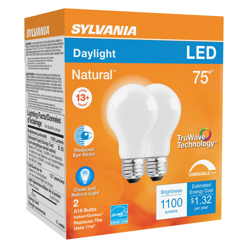 SYLVANIA - Sylvania Natural A19 E26 (Medium) LED Bulb Daylight 75 Watt Equivalence 2 pk