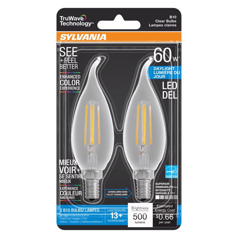 SYLVANIA - Sylvania TruWave B10 E12 (Candelabra) LED Bulb Daylight 60 Watt Equivalence 2 pk