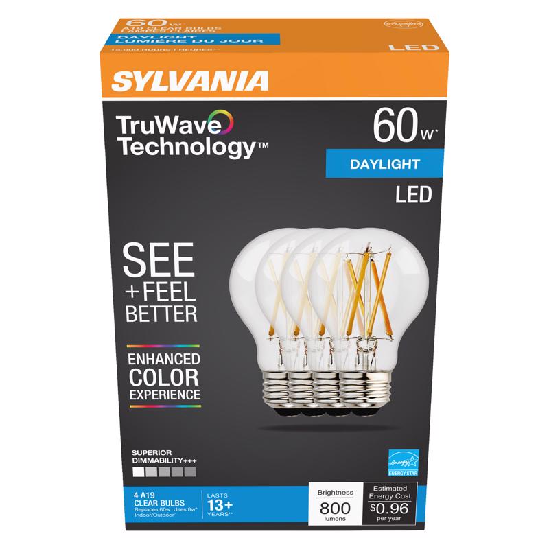 SYLVANIA - Sylvania TruWave A19 E26 (Medium) LED Bulb Daylight 60 Watt Equivalence 4 pk [49827]