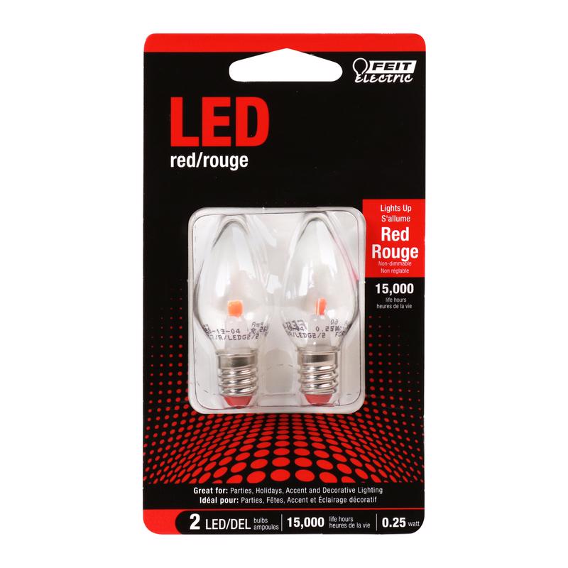 FEIT - Feit LED Specialty C7 E12 (Candelabra) LED Bulb Red 0.25 Watt Equivalence 2 pk