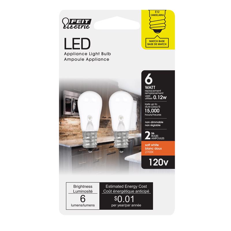 FEIT - Feit LED Specialty S6 E12 (Candelabra) LED Bulb Soft White 6 Watt Equivalence 2 pk