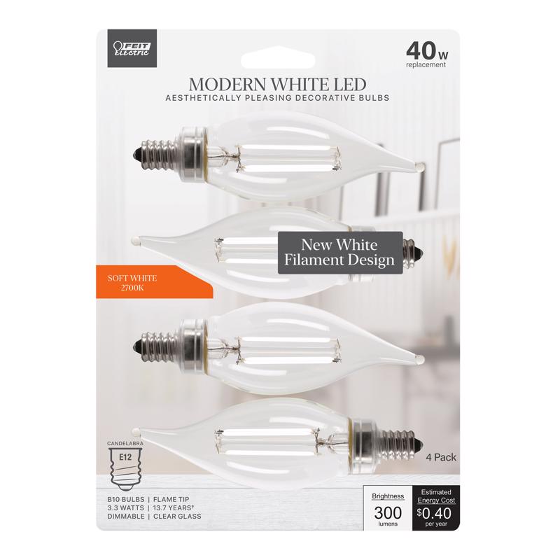 FEIT - Feit White Filament BA10 E12 (Candelabra) Filament LED Bulb Soft White 40 Watt Equivalence 4 pk