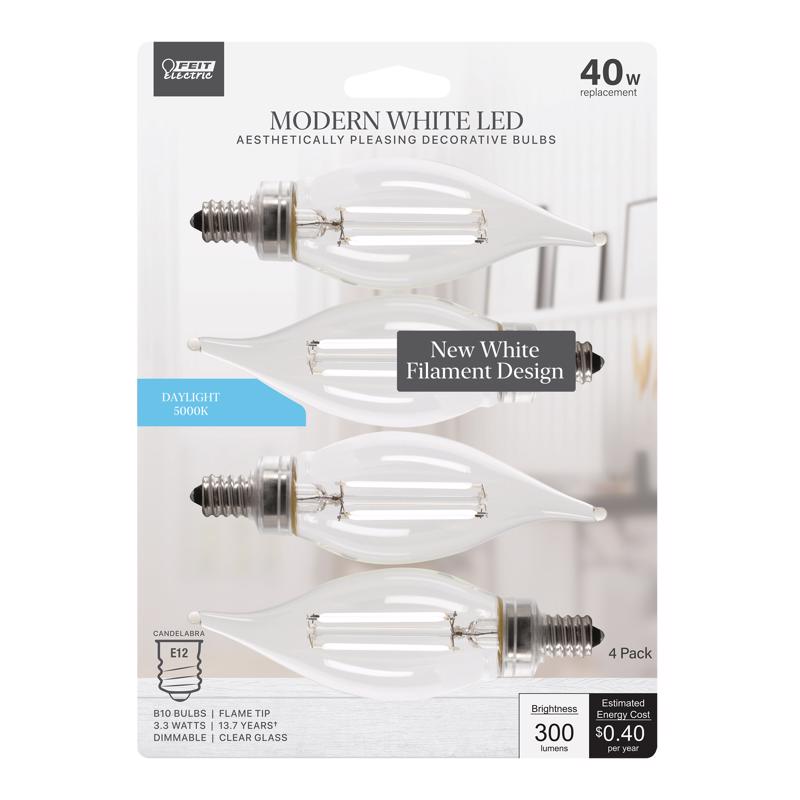 FEIT - Feit White Filament BA10 E12 (Candelabra) Filament LED Bulb Daylight 40 Watt Equivalence 4 pk