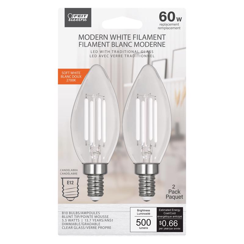 FEIT - Feit White Filament BA10 E12 (Candelabra) Filament LED Bulb Soft White 60 Watt Equivalence 2 pk [BPCTC60927WFIL2]