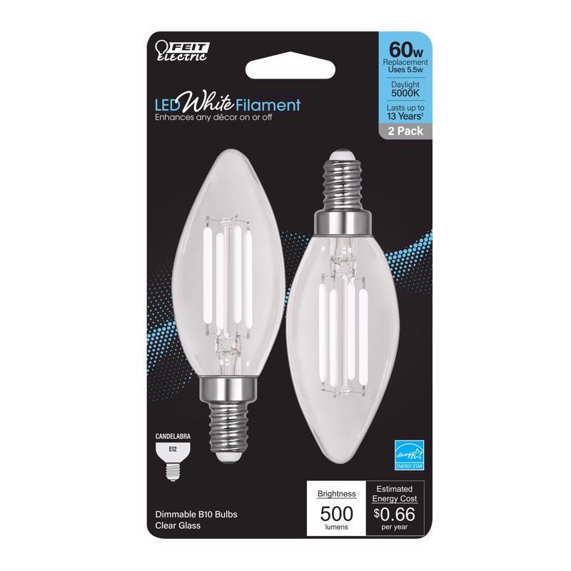 FEIT - Feit White Filament BA10 E12 (Candelabra) Filament LED Bulb Daylight 60 Watt Equivalence 2 pk