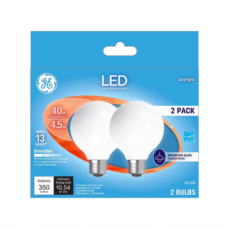 GE - GE G25 E26 (Medium) LED Light Bulb Daylight 40 Watt Equivalence 2 pk [28357]