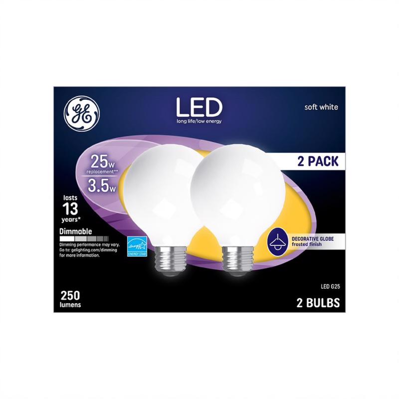 GE - GE G25 E26 (Medium) LED Light Bulb Soft White 25 Watt Equivalence 2 pk