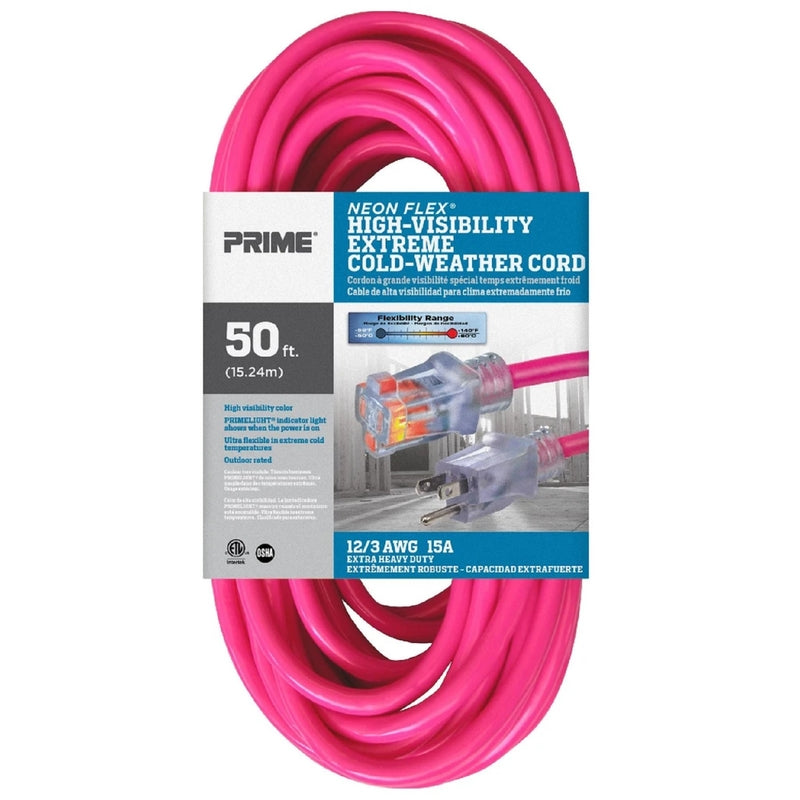 PRIME - Prime Neon Flex Outdoor 50 ft. L Hi Vis Pink Extension Cord 12/3 SJTW