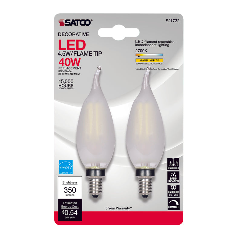 SATCO - Satco CA10 E12 (Candelabra) LED Bulb Warm White 40 Watt Equivalence 2 pk [S21732]