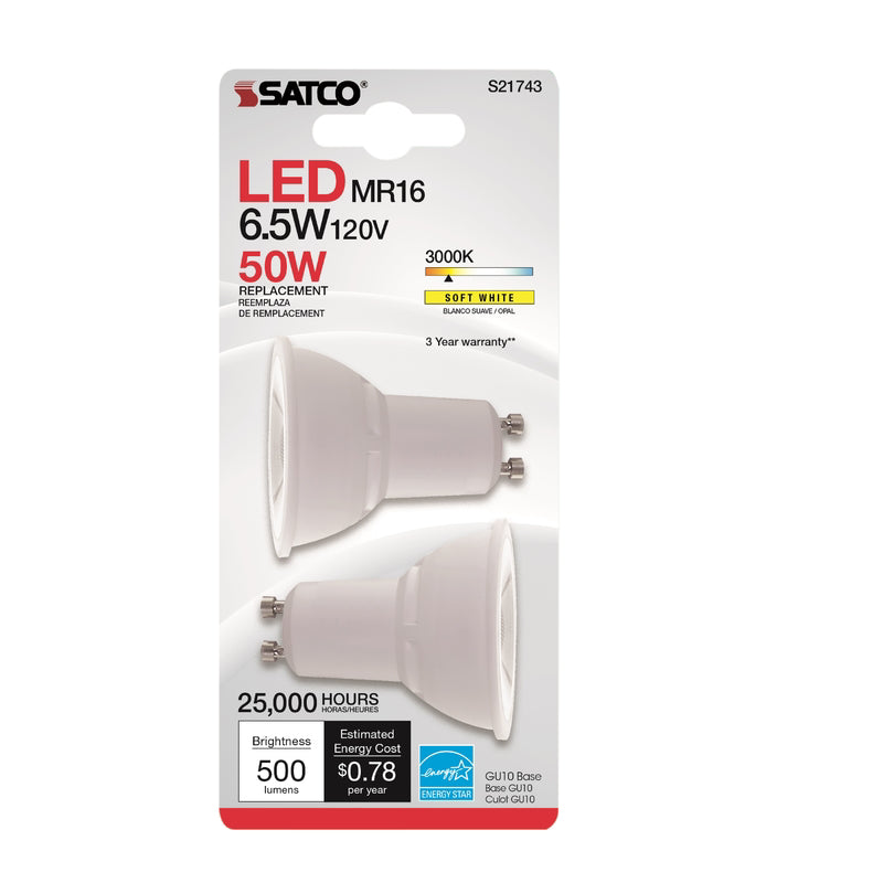 SATCO - Satco MR16 GU10 LED Bulb Soft White 50 Watt Equivalence 2 pk