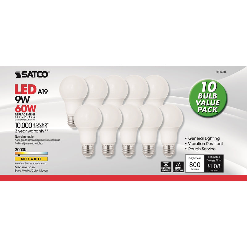 SATCO - Satco A19 E26 (Medium) LED Bulb Soft White 60 Watt Equivalence 10 pk