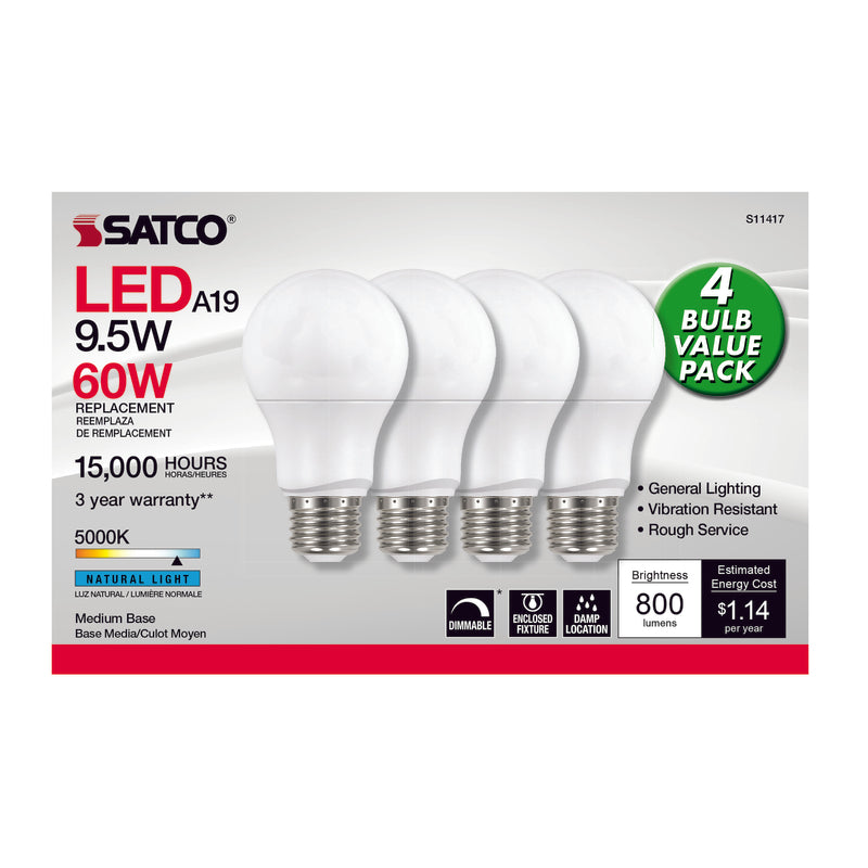 SATCO - Satco A19 E26 (Medium) LED Bulb Natural Light 60 Watt Equivalence 4 pk