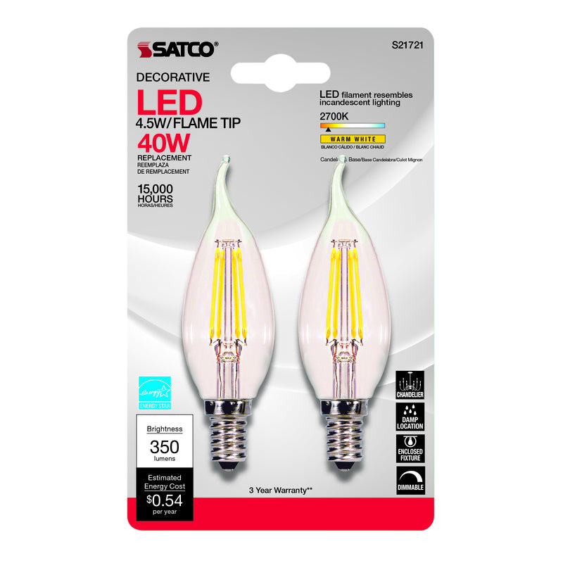 SATCO - Satco CA10 E12 (Candelabra) LED Bulb Warm White 40 Watt Equivalence 2 pk [S21840]