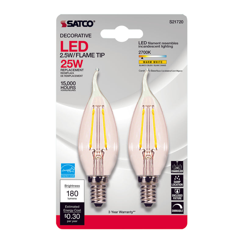 SATCO - Satco CA10 E12 (Candelabra) LED Bulb Warm White 25 Watt Equivalence 2 pk