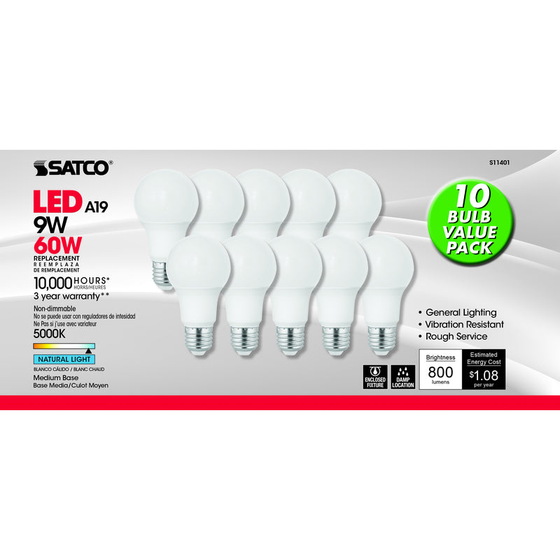 SATCO - Satco A19 E26 (Medium) LED Bulb Natural Light 60 Watt Equivalence 10 pk