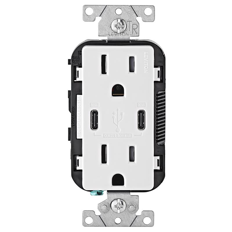 LEVITON - Leviton Decora 15 amps 125 V Duplex and Type C White Outlet and USB Charger 5-15 R 1 pk