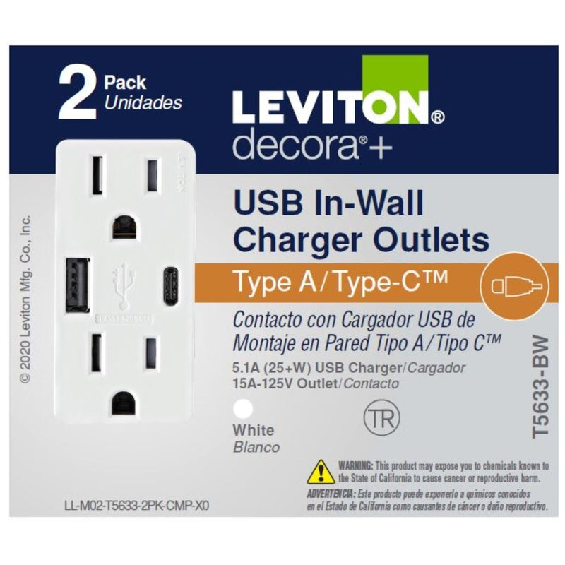 LEVITON - Leviton Decora 15 amps Type A/C Duplex White Outlet and USB Charger 5-15 R 2 pk